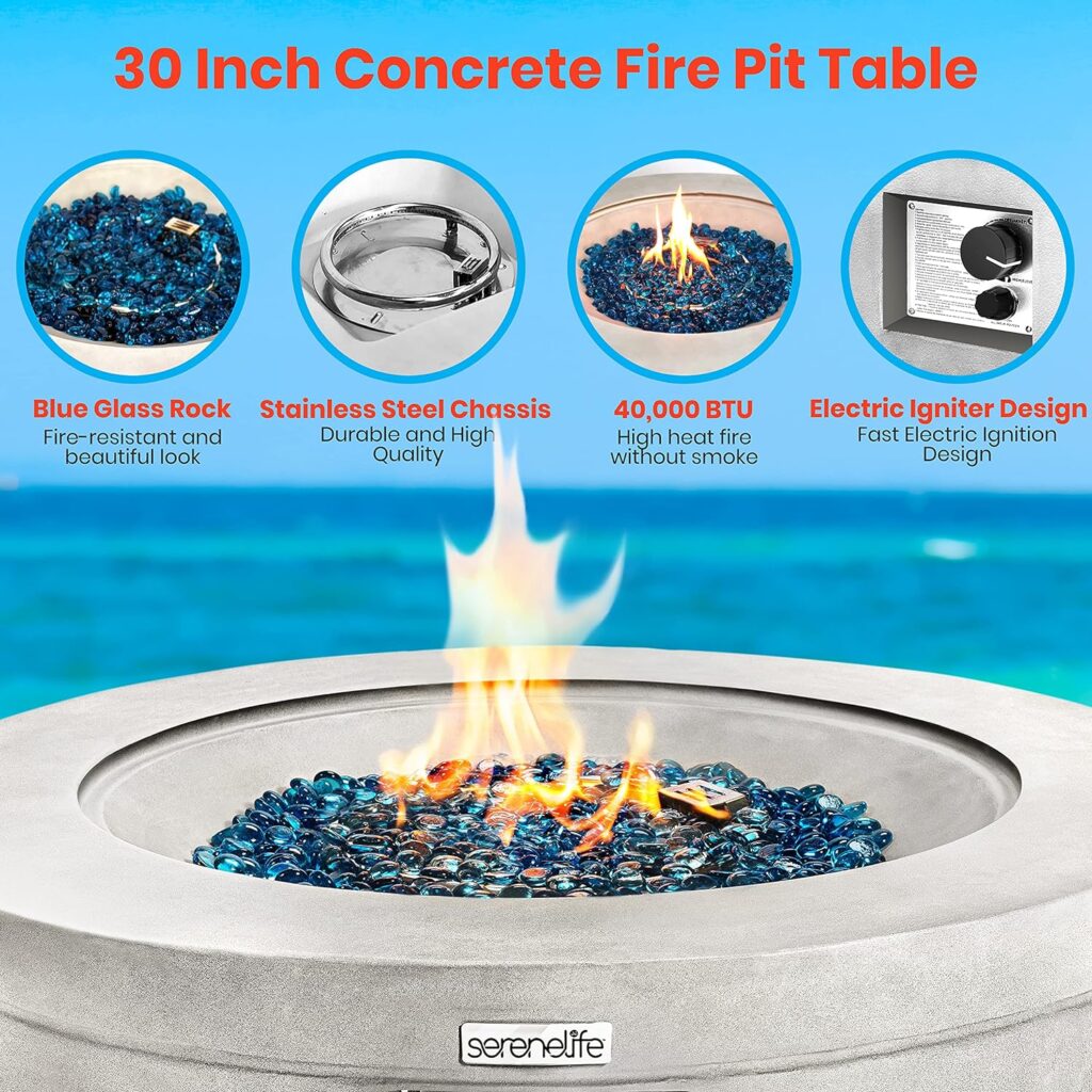 SereneLife Concrete Outdoor Propane Fire Pit Table-CSA/ETL Certified Safe 40,000 Pulse Ignition Weatherproof Round Propane Gas Fire Table -Adjustable Flame, Thermocouple -PVC Cover, Lava Rock-SLFPBAL