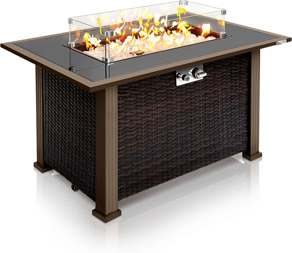 SereneLife Outdoor Propane Fire Pit Table - Approved Safe 50,000BTU Auto-Ignition Propane Gas Fire Table - Rattan Panel, Glass Wind Guard, Black Tempered Glass Tabletop, Clear Glass Rock - SLFPTL