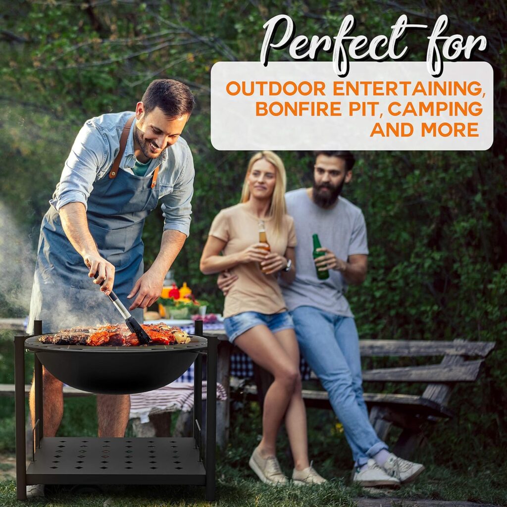 SereneLife Portable Outdoor Wood Fire Pit - 2-in-1 Steel BBQ Grill 26 Wood Burning Fire Pit Bowl w/ Mesh Spark Screen, Cover Log Grate, Wood Fire Poker for Camping, Picnic, Bonfire SLCARFP54.5