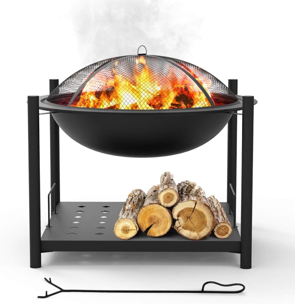 SereneLife Portable Outdoor Wood Fire Pit - 2-in-1 Steel BBQ Grill 26 Wood Burning Fire Pit Bowl w/ Mesh Spark Screen, Cover Log Grate, Wood Fire Poker for Camping, Picnic, Bonfire SLCARFP54.5