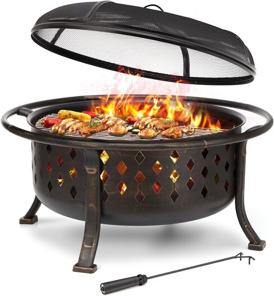 SINGLYFIRE 36 Inch Fire Pits for Outside Large Outdoor Wood Burning Crossweave firepit Heavy Duty Steel Bronze Bonfire Pit for Patio Backyard Garden with BBQ Grate,Spark Screen,Log Grate,Poker