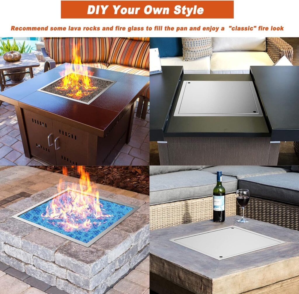 Skyflame 24 x 24 Square Stainless Steel Drop-in Fire Pit Kit with Fire Pit Burner Pan, Fire Burner Ring and Protective Lid, Suitable for Indoor or Outdoor DIY Firepit