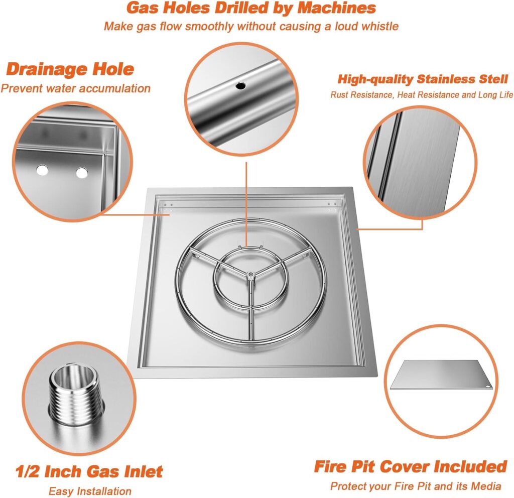 Skyflame 24 x 24 Square Stainless Steel Drop-in Fire Pit Kit with Fire Pit Burner Pan, Fire Burner Ring and Protective Lid, Suitable for Indoor or Outdoor DIY Firepit