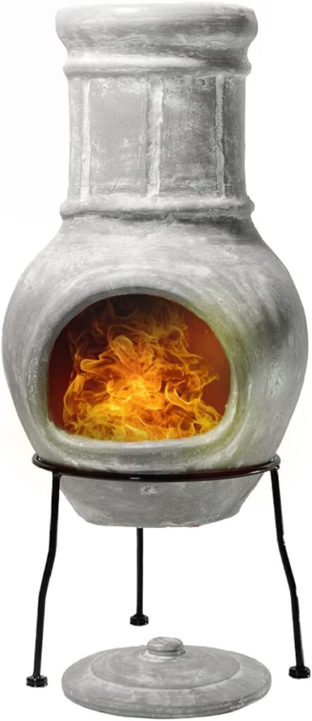 Small Chiminea Outdoor Fireplace Grey –Clay Chimineas with Chimney Rain Lids and Solid Metal Stands - Mini Terracotta Chimenea – Rustic Fire Pit Chimnea 12 x 12 x 27-inch