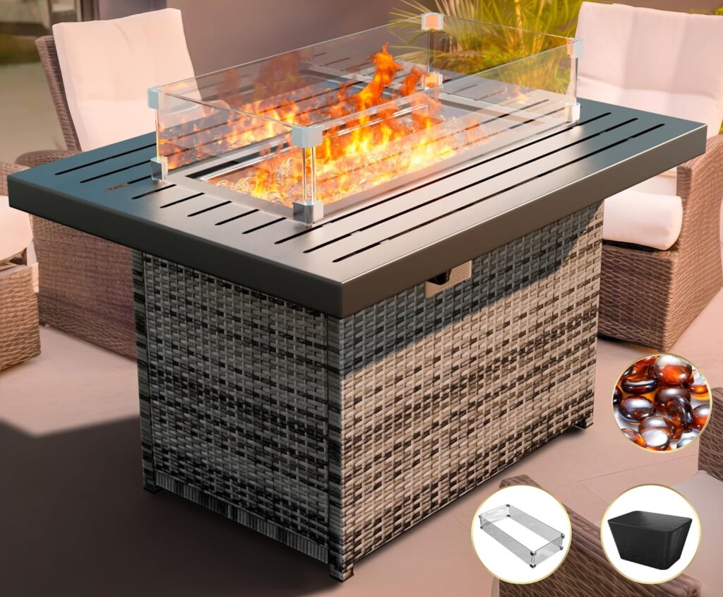 SUMELL Hand Weave Rattan Propane Fire Pit Table-44 Inch Aluminum Tabletop and Frame, 60,000 BTU Adjustable Flame, Glass Wind Waterproof Cover Fire Beads, Idea for Patio, Garden, Resto Hotel