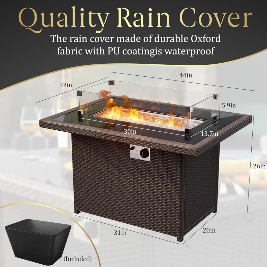 SUMELL Hand Weave Rattan Propane Fire Pit Table-44 Inch Aluminum Tabletop and Frame, 60,000 BTU Adjustable Flame, Glass Wind Waterproof Cover Fire Beads, Idea for Patio, Garden, Resto Hotel