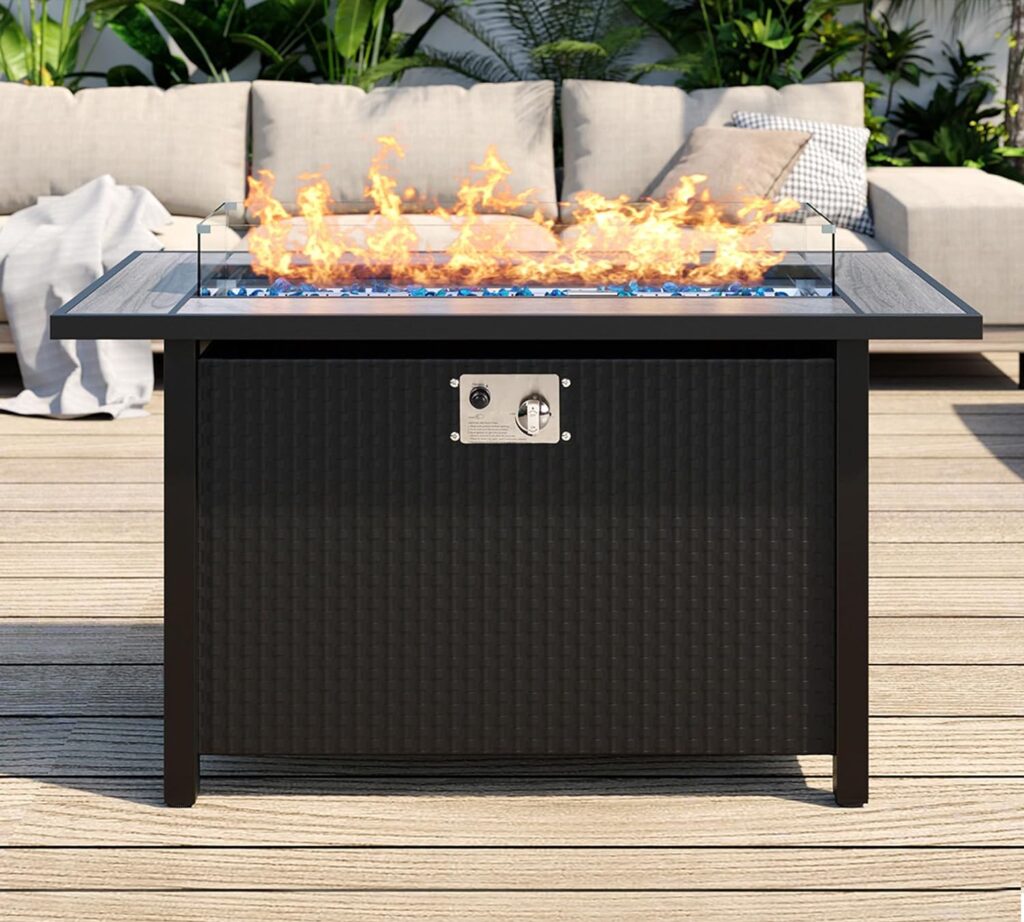 SUNLEI 45 Inch Gas Fire Pit Table, Patio Outdoor Propane Fire Pits with Removable Lid and Lava Rock, 50000 BTU w/CSA-Certified,Waterproof Cover and Tables for Patio Garden(Grey)