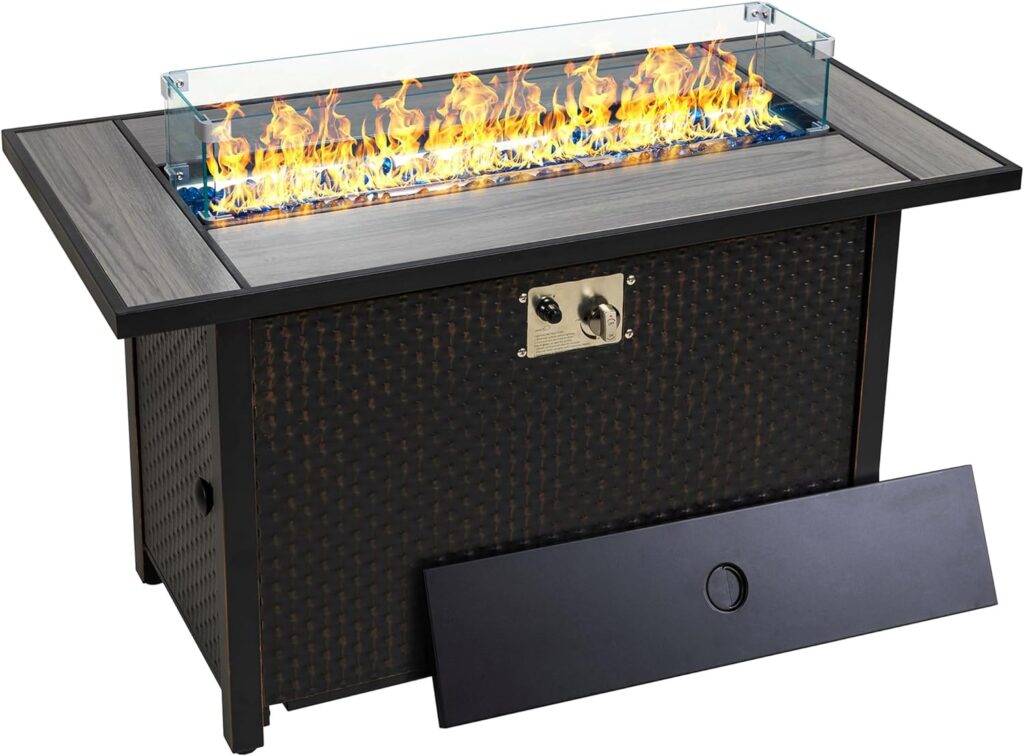 SUNLEI 45 Propane Fire Pit, Outdoor Fire Pit Tables Rectangular Tabletop with Lid and Blue Fire Glass, 50000 BTU w/CSA-Certified, Glass Wind Guard and Tables for Outside Patio, Backard