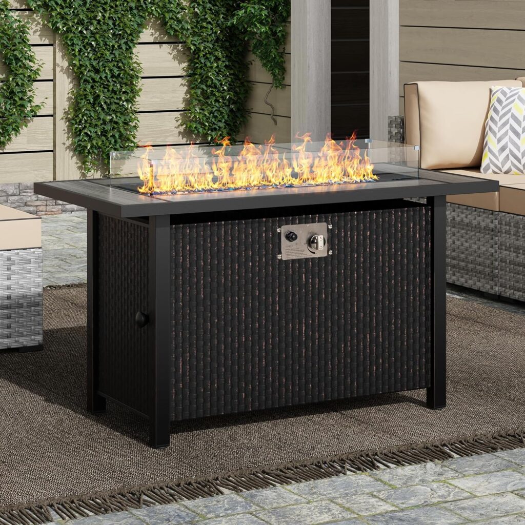 SUNLEI 45 Propane Fire Pit, Outdoor Fire Pit Tables Rectangular Tabletop with Lid and Blue Fire Glass, 50000 BTU w/CSA-Certified, Glass Wind Guard and Tables for Outside Patio, Backard