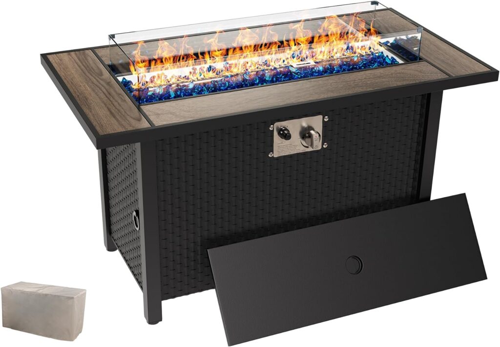 SUNLEI 45 Propane Fire Pit, Outdoor Fire Pit Tables Square Tabletop with Lid and Lava Rock, 50000 BTU w/CSA-Certified,Waterproof Cover and Tables for Outside Patio(Walnut Wood)