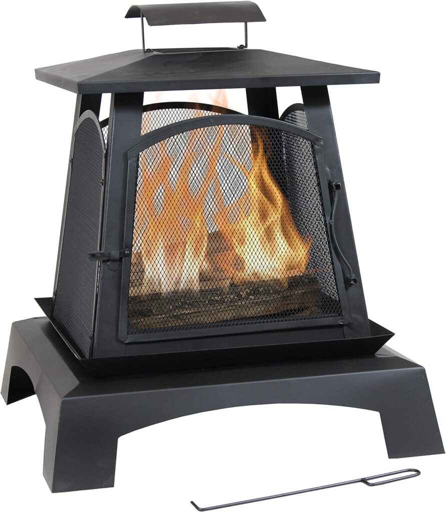 Sunnydaze 32-Inch Pagoda-Style Steel Wood-Burning Fire Pit with Log Grate and Poker - Black High-Temperature Paint Finish