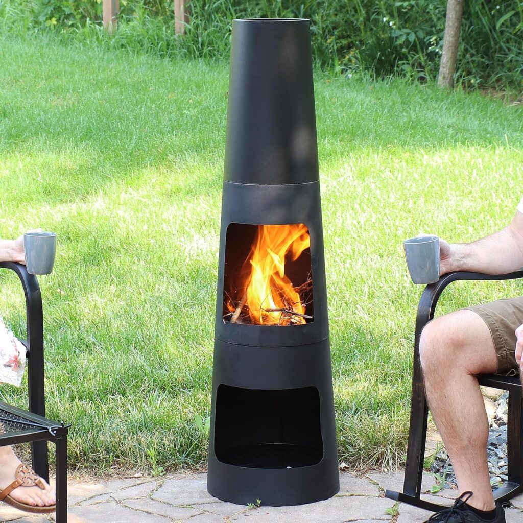 Sunnydaze 49-Inch Black Heavy-Duty Steel Chiminea with Built-in Log Storage - Includes Poker and Protective Cover