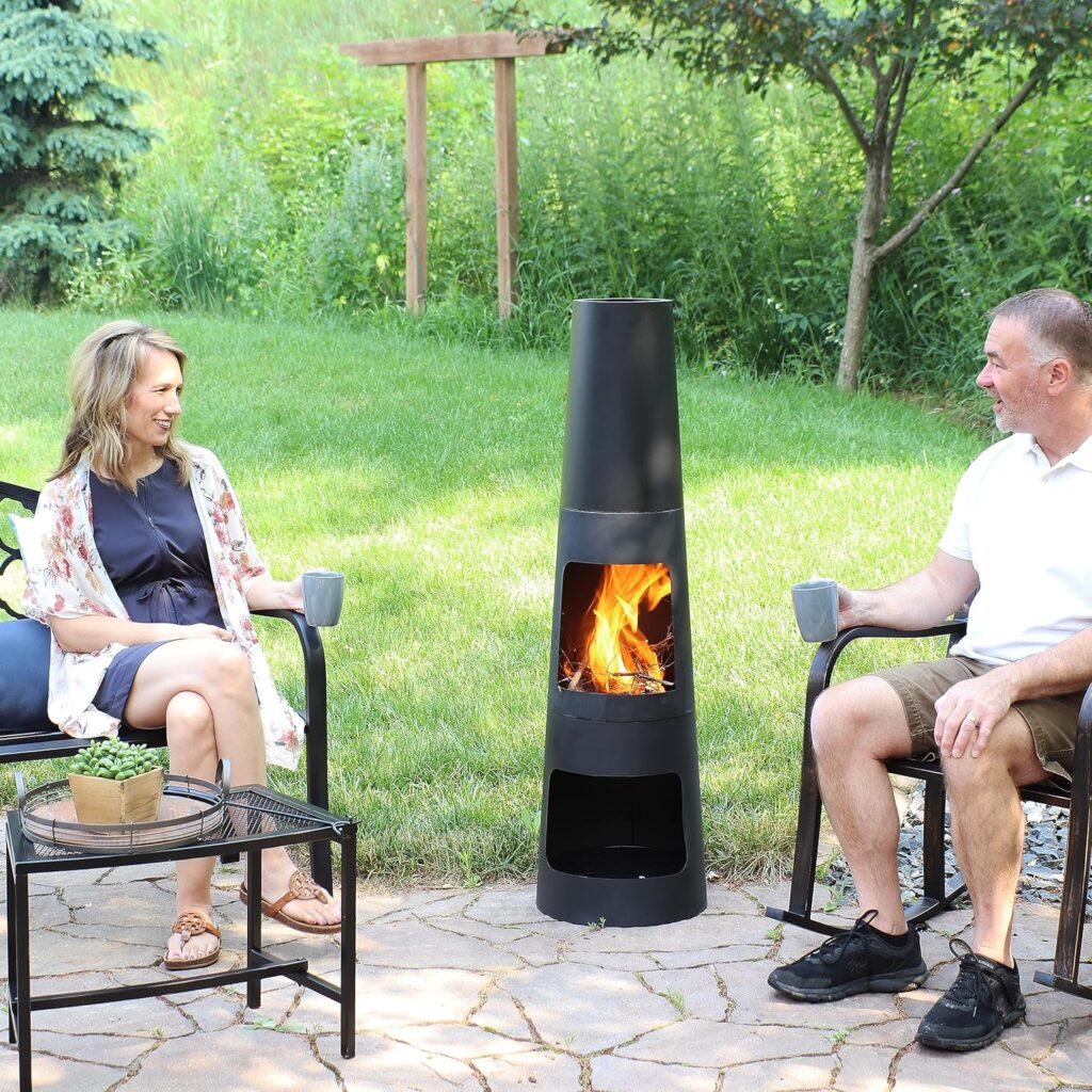 Sunnydaze 49-Inch Black Heavy-Duty Steel Chiminea with Built-in Log Storage - Includes Poker and Protective Cover