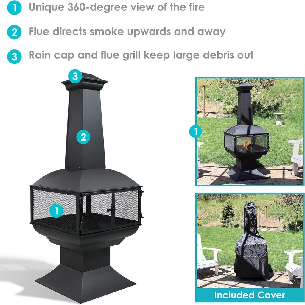 Sunnydaze 57-Inch Black Steel Chiminea with Log Grate, Cover, and Poker - Protective Mesh Screen - 360-Degree Fire View