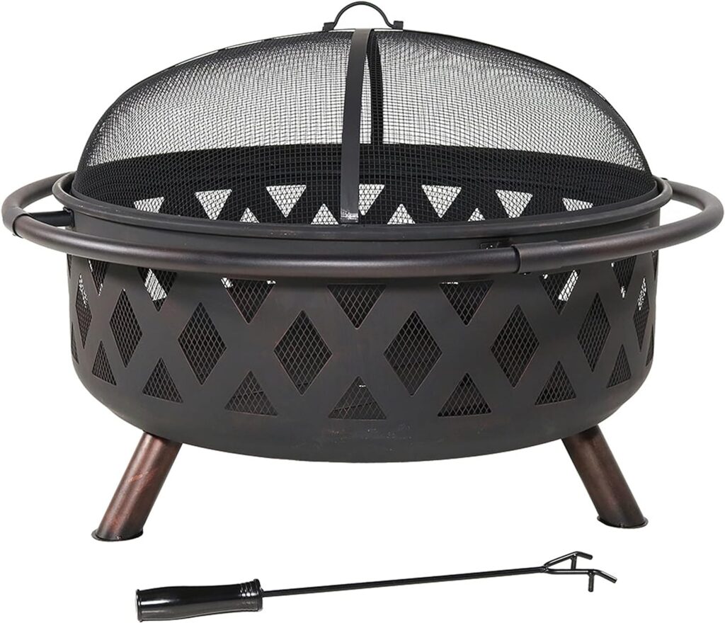 Sunnydaze Black Crossweave Heavy-Duty Steel Outdoor Fire Pit - Includes Spark Screen, Poker and Cover - 36-Inch Round