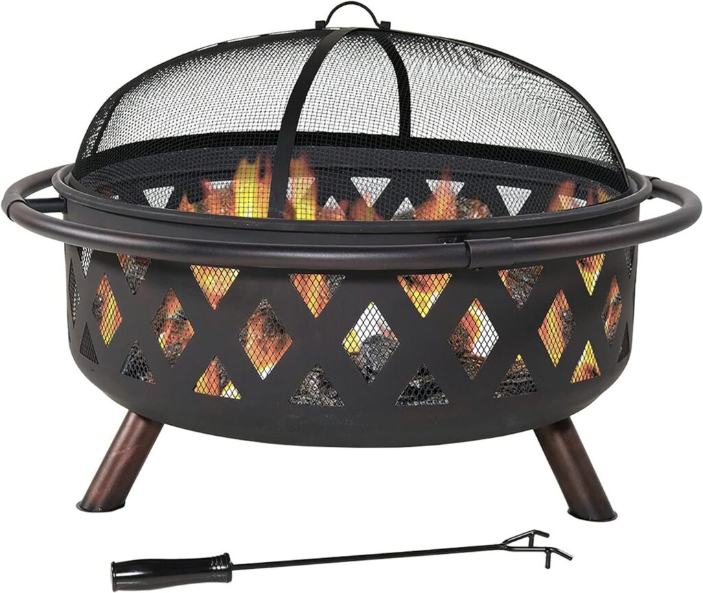 Sunnydaze Black Crossweave Heavy-Duty Steel Outdoor Fire Pit - Includes Spark Screen, Poker and Cover - 36-Inch Round