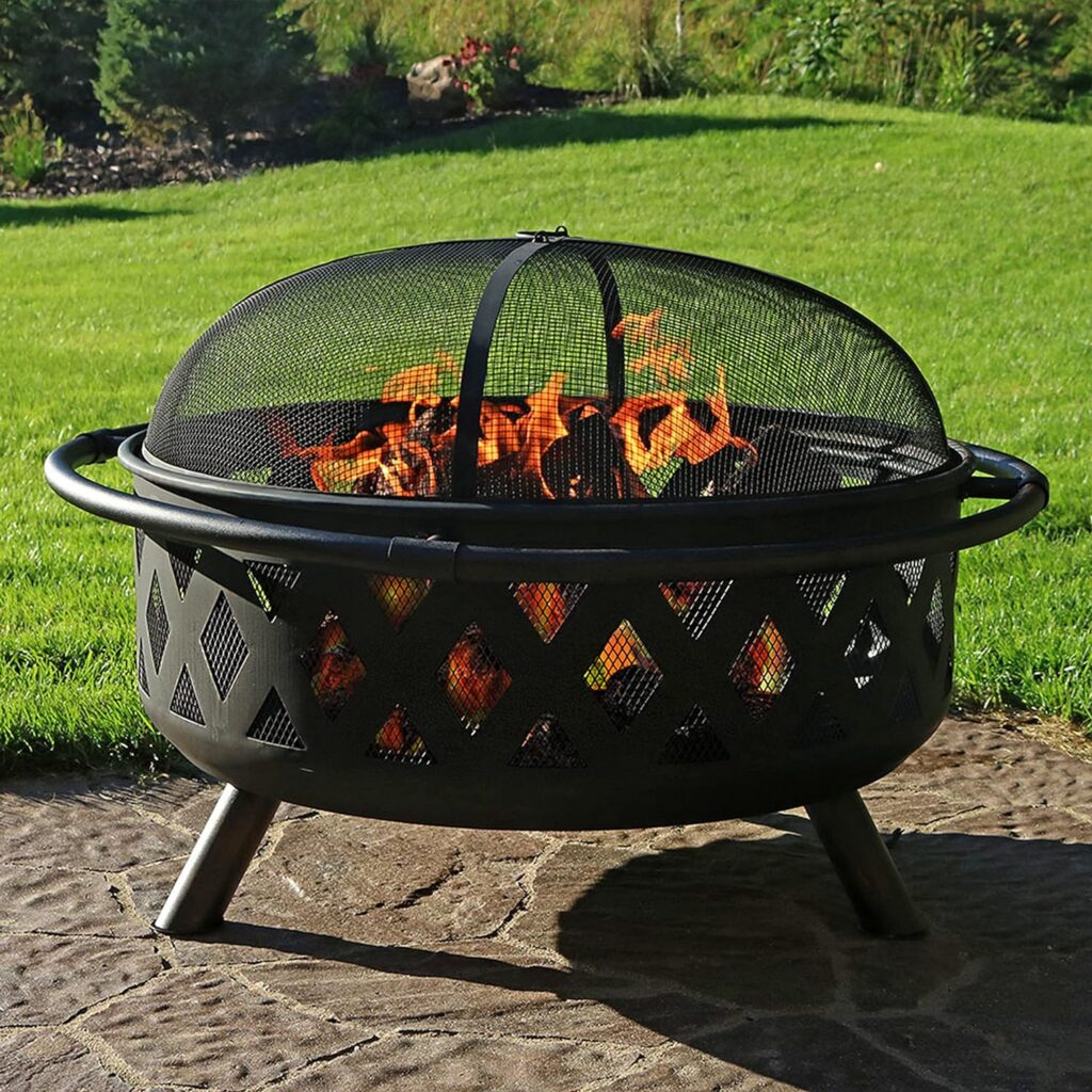 Sunnydaze Black Crossweave Heavy-Duty Steel Outdoor Fire Pit - Includes Spark Screen, Poker and Cover - 36-Inch Round