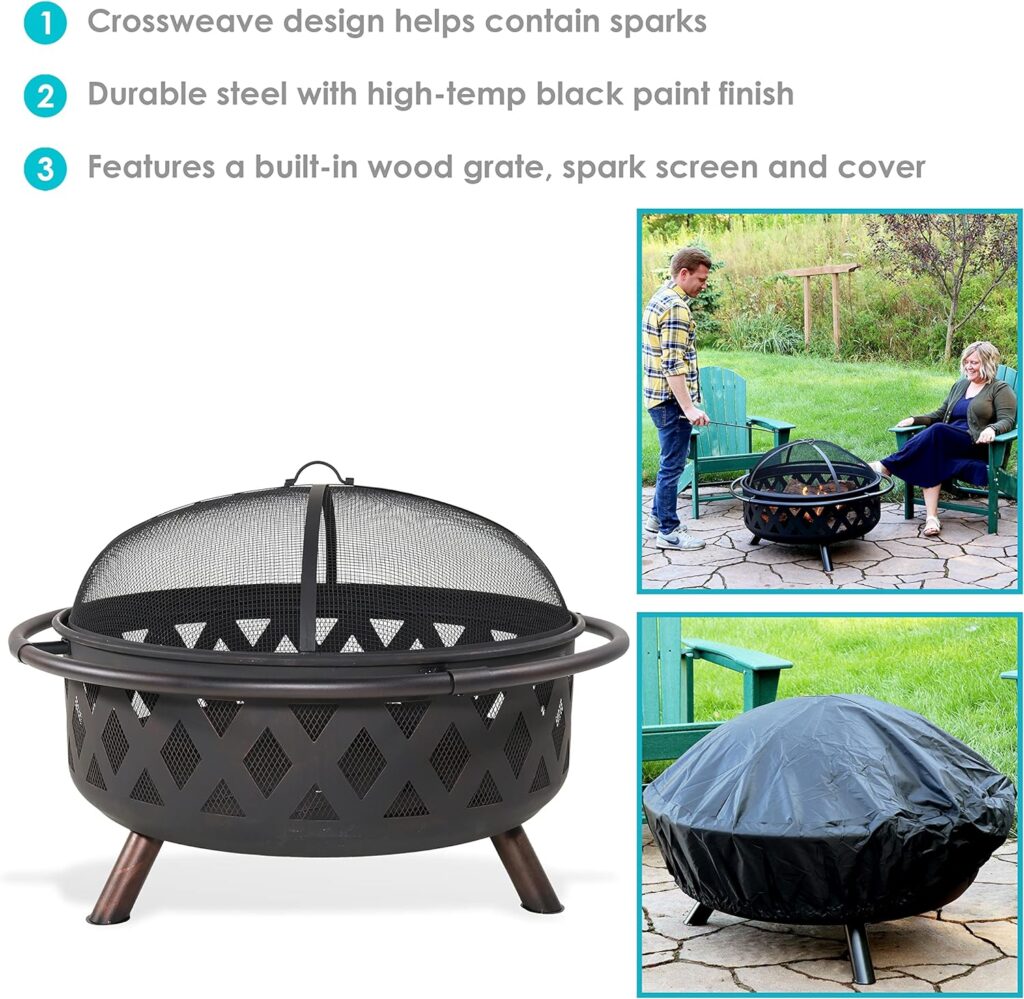 Sunnydaze Black Crossweave Heavy-Duty Steel Outdoor Fire Pit - Includes Spark Screen, Poker and Cover - 36-Inch Round