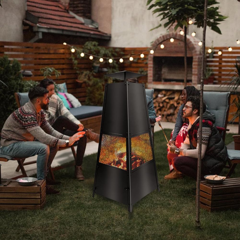 Teabelle Outdoor Chimenea Fireplace, 40 Inch Fire House for Wood Burning, Black Heavy-Duty Steel Fire Pit with Cover and Poker for Garden Backyard Patio