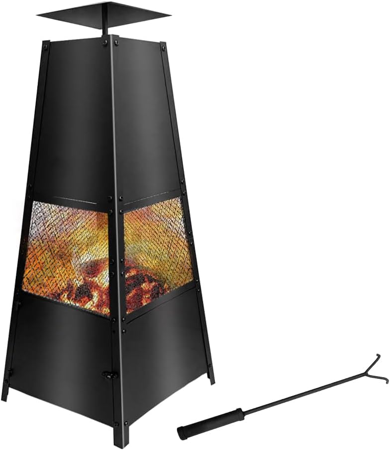 Teabelle Outdoor Chimenea Fireplace, 40 Inch Fire House for Wood Burning, Black Heavy-Duty Steel Fire Pit with Cover and Poker for Garden Backyard Patio