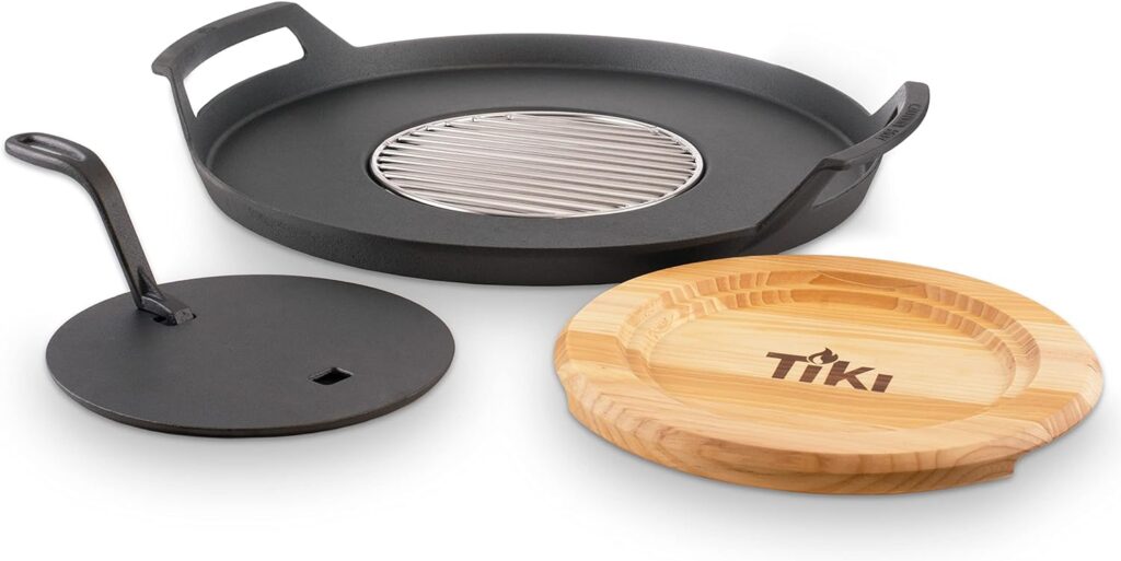 TIKI Brand Fire Pit Griddle, Cast Iron Grill Combo, Griddle for Cooking on Fire Pits, Fits with most 16-21 Smokeless Fire Pits, Wooden Trivet Gloves Included, 23.12x22.39x3.50, Black, 1323056