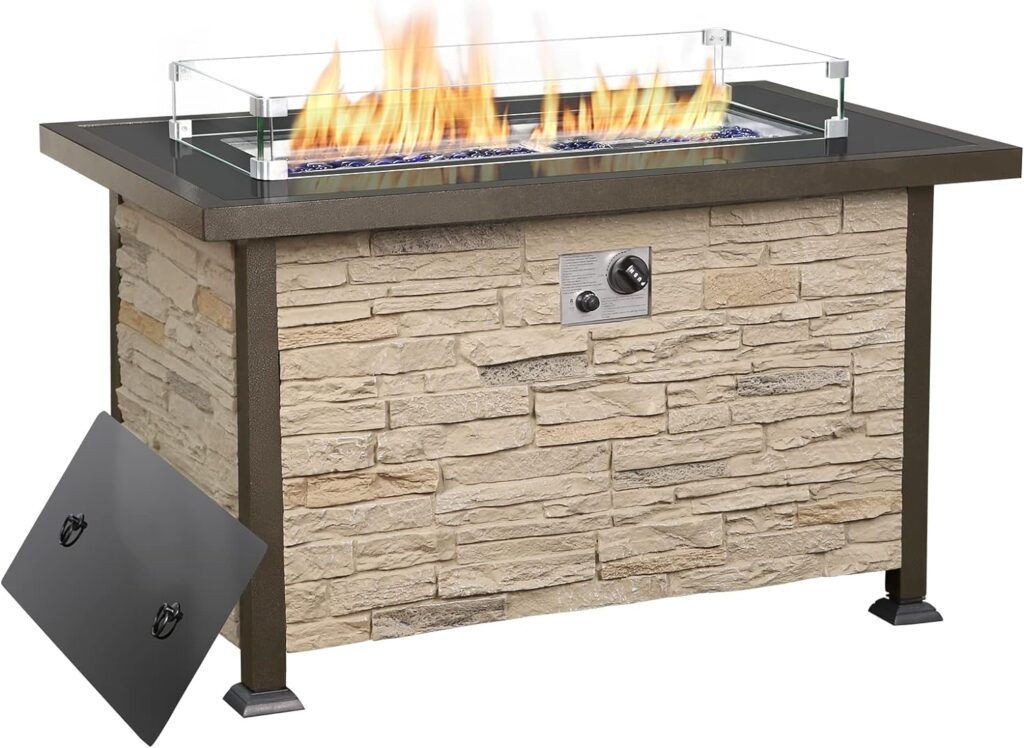 U-MAX Outdoor Propane Gas Fire Pit Table, 44 Inch 50,000 BTU Gas Auto-Ignition Rectangle Firepit for Patio with Brown Faux Stone Surface,Tempered Glass Lid Glass Stone Rock CSA Certification