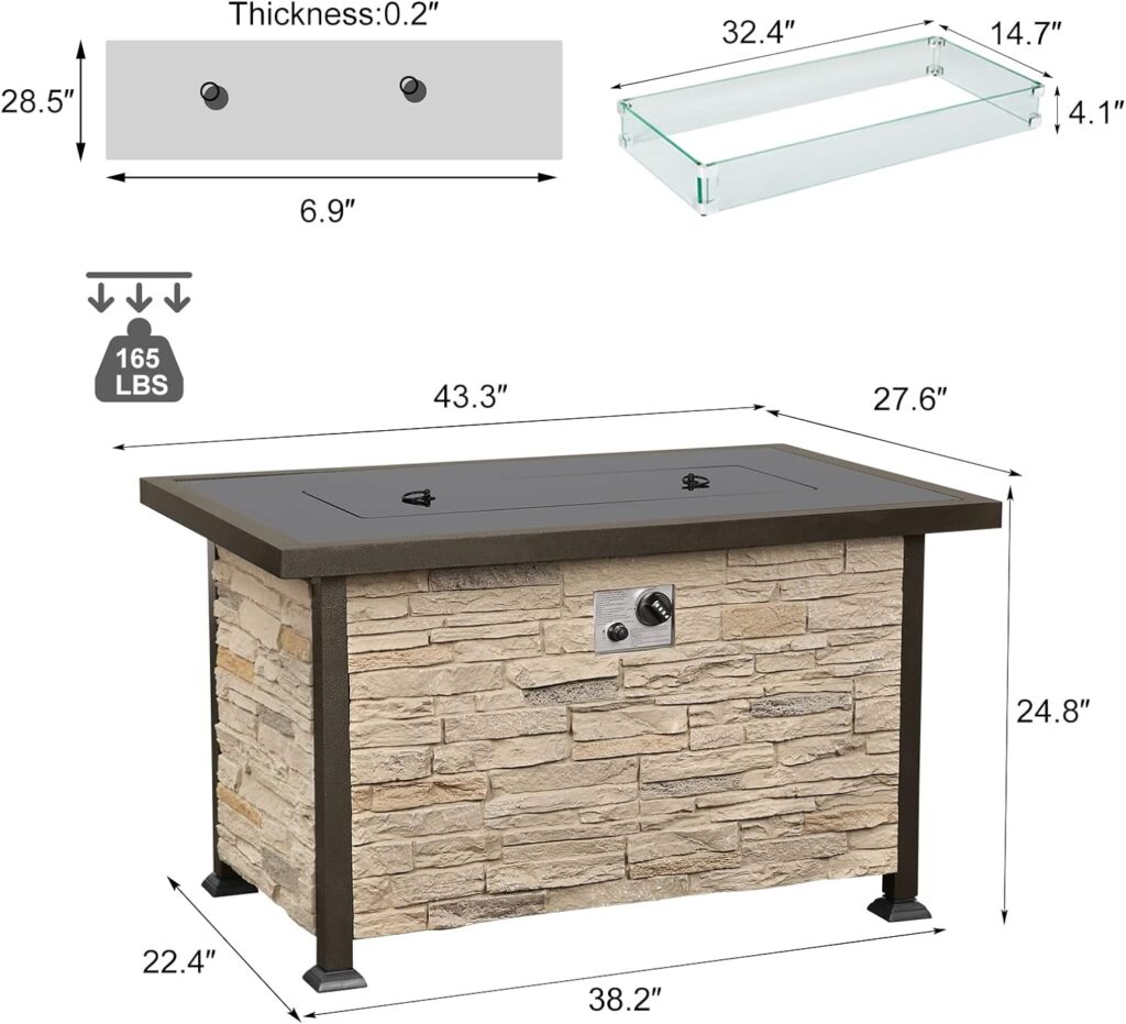 U-MAX Outdoor Propane Gas Fire Pit Table, 44 Inch 50,000 BTU Gas Auto-Ignition Rectangle Firepit for Patio with Brown Faux Stone Surface,Tempered Glass Lid Glass Stone Rock CSA Certification