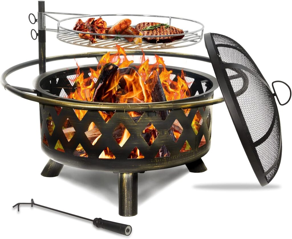 UDPATIO Fire Pit for Outside 30 Inch Outdoor Wood Burning Firepit Large Steel Firepit Bowl with Removable Cooking Swivel BBQ Grill for Backyard Bonfire Patio