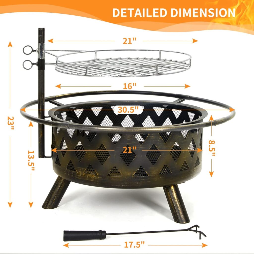 UDPATIO Fire Pit for Outside 30 Inch Outdoor Wood Burning Firepit Large Steel Firepit Bowl with Removable Cooking Swivel BBQ Grill for Backyard Bonfire Patio