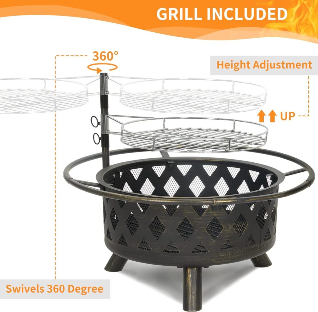 UDPATIO Fire Pit for Outside 30 Inch Outdoor Wood Burning Firepit Large Steel Firepit Bowl with Removable Cooking Swivel BBQ Grill for Backyard Bonfire Patio