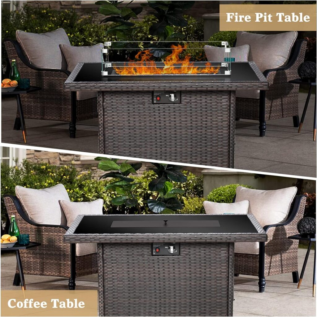 Vakollia Propane Fire Pit Table,44 Inch 55000 BTU Outdoor Gas Fire Pit Rectangular with Glass Wind Guard for Outside Patio Deck (Brown-Glass Top)