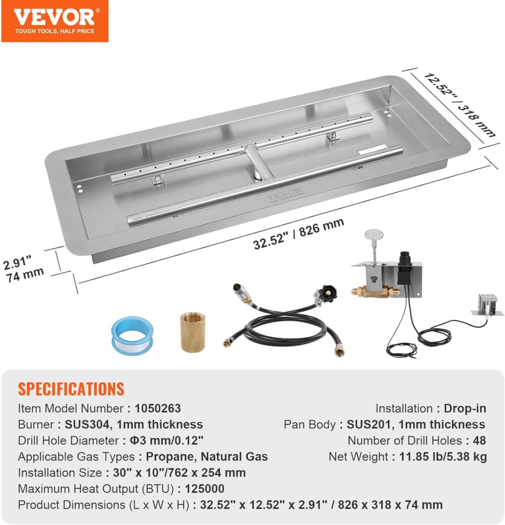 VEVOR 30 x 10 inch Drop-in Fire Pit Pan, Rectangular Stainless Steel Fire Pit Burner Kit,Propane Gas Fire Pan 125,000 BTU with H-Burner for Indoor or Outdoor Use