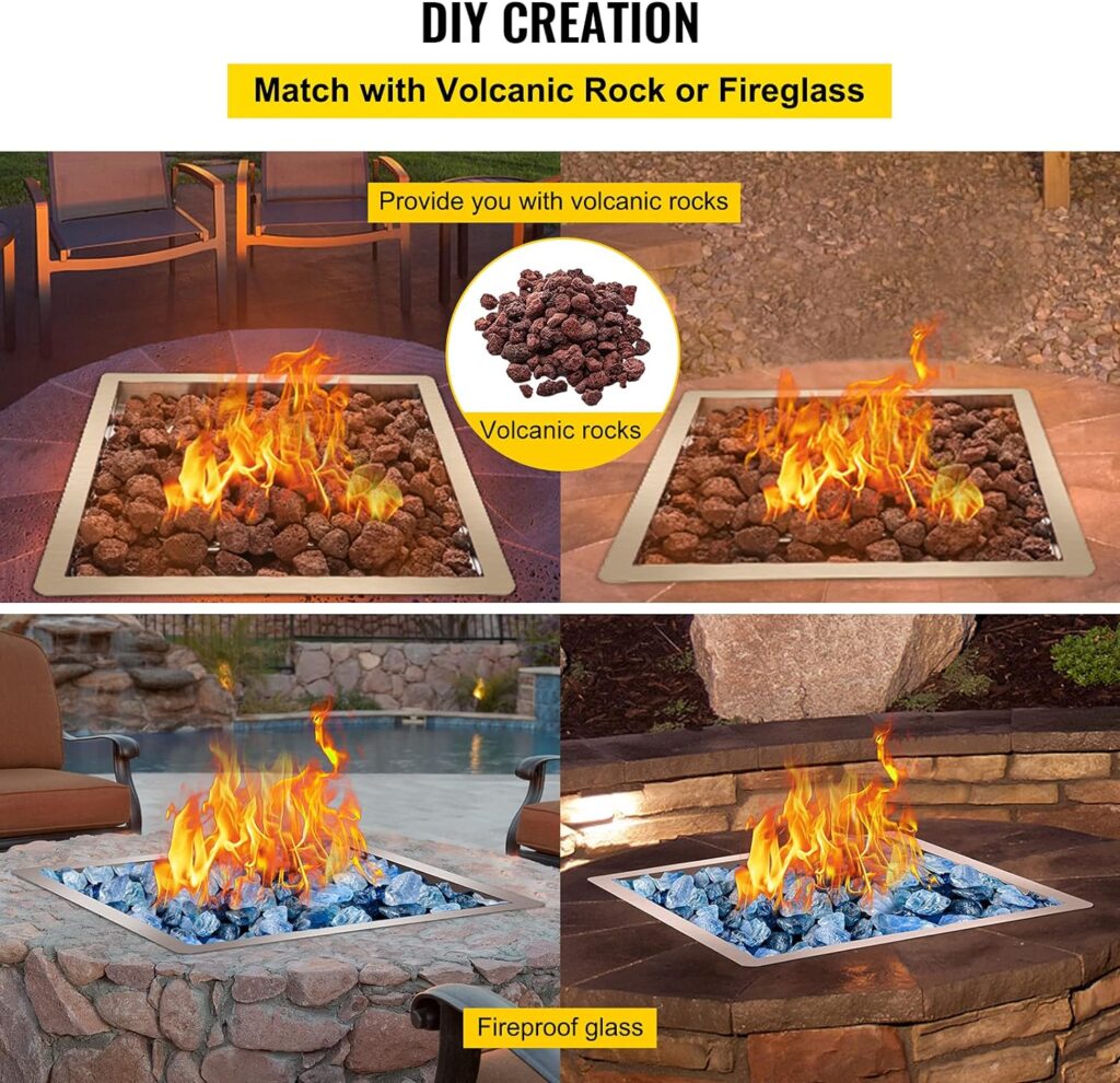 VEVOR Drop in Fire Pit Pan, 19 x 19 Round Fire Pit Burner, Stainless Steel Gas Fire Pan, Fire Pit Burner Pan w/ 1 Pack Volcanic Rock Fire Pit Insert w/ 90K BTU for Keeping Warm w/Family Friends