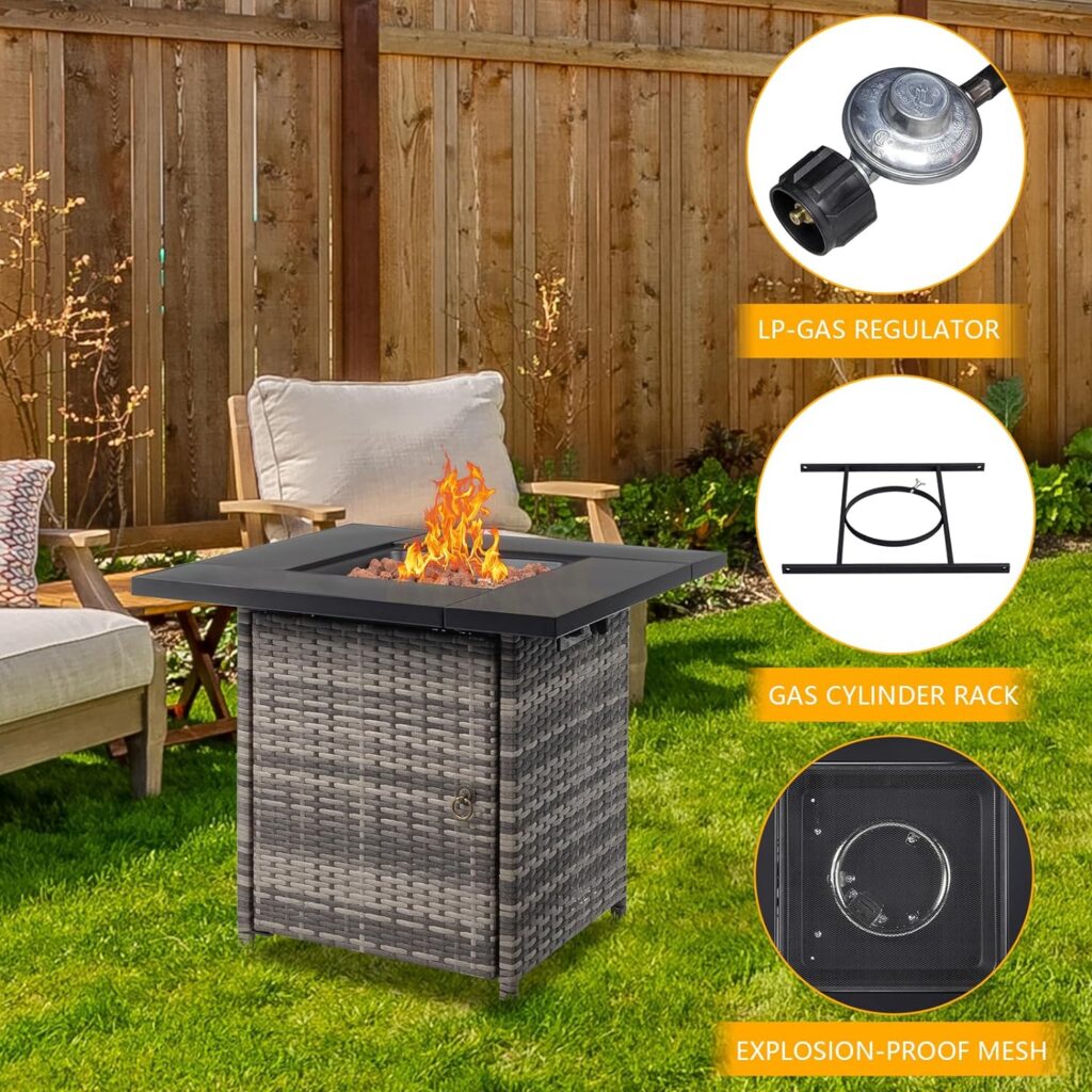 VINGLI Fire Pit, 28 Gas Firepit Table, 50,000 BTU Outdoor Propane Fire Pit, Rattan-Like Metal Plate, Spliced Metal Tabletop, Volcanic Stone, Cover for Patio Garden or Thanksgiving - Black