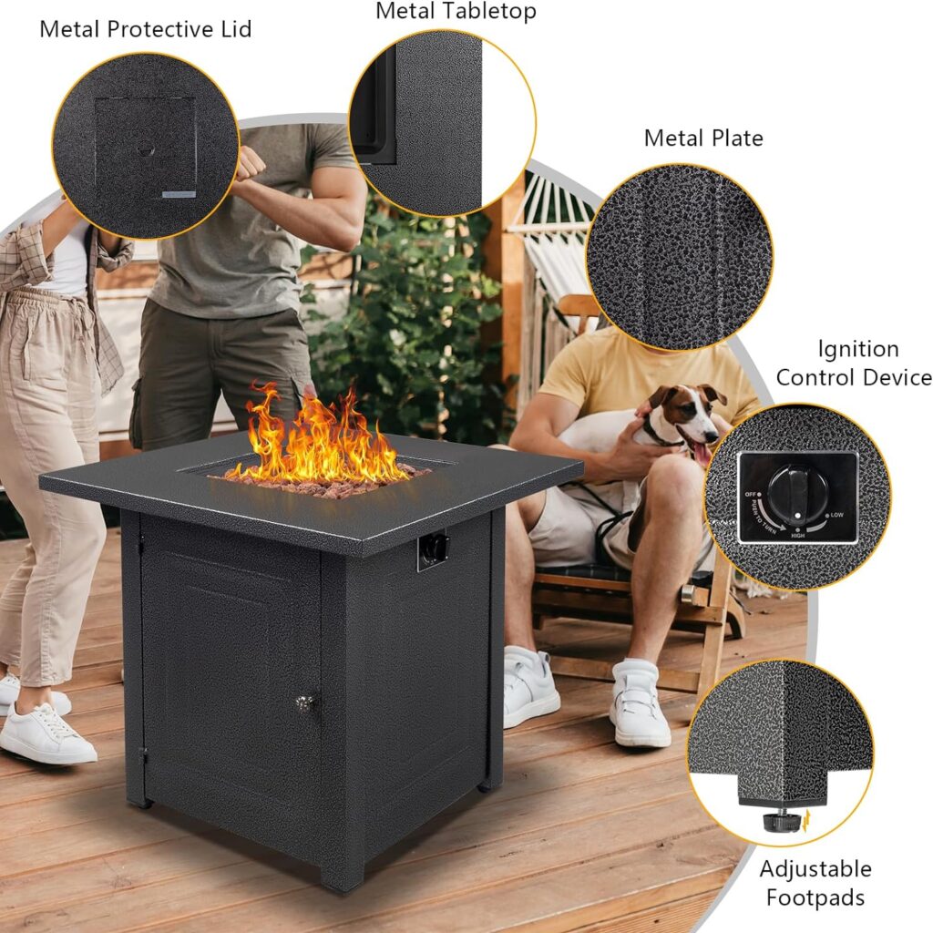 VINGLI Propane Fire Pit, 28 Gas Firepit Table, 40,000 BTU Outdoor Fire Pit Table with Lid and Volcanic Stone, Cover, Unique Finish for Patio Garden or Thanksgiving - Black