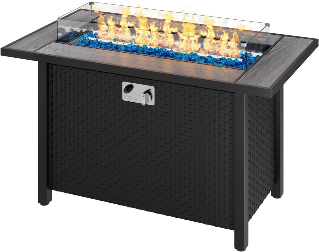 Vongrasig Propane Fire Table 45 Inch Outdoor Gas Fire Pit Table, 50,000 BTU Rectangle Fire Table with Steel Lid, Blue Fire Glass Wind Guard for Outside Patio Deck Garden Backyard (Grey Top)