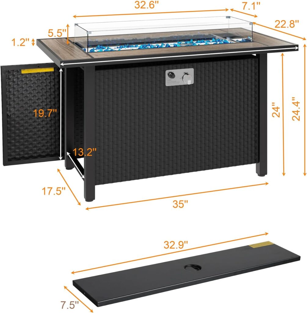 Vongrasig Propane Fire Table 45 Inch Outdoor Gas Fire Pit Table, 50,000 BTU Rectangle Fire Table with Steel Lid, Blue Fire Glass Wind Guard for Outside Patio Deck Garden Backyard (Grey Top)