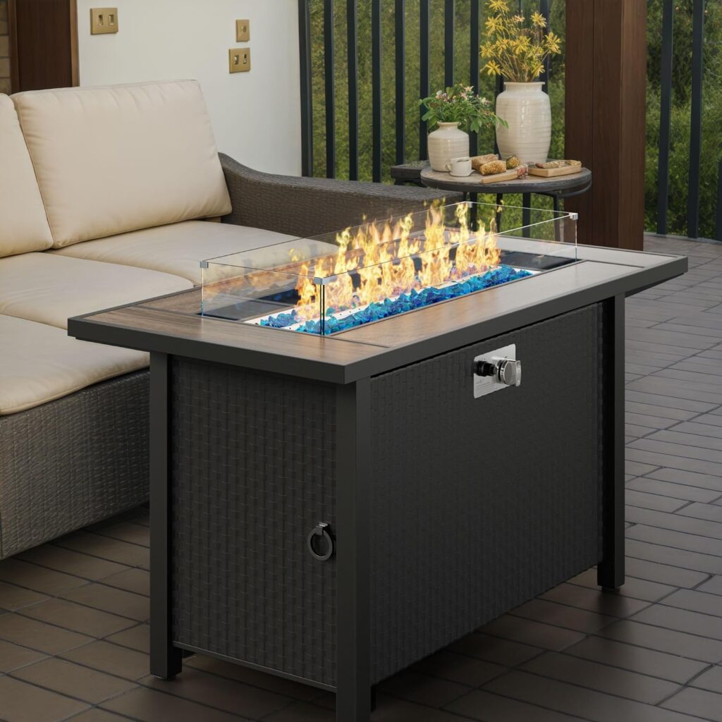 Vongrasig Propane Fire Table 45 Inch Outdoor Gas Fire Pit Table, 50,000 BTU Rectangle Fire Table with Steel Lid, Blue Fire Glass Wind Guard for Outside Patio Deck Garden Backyard (Grey Top)