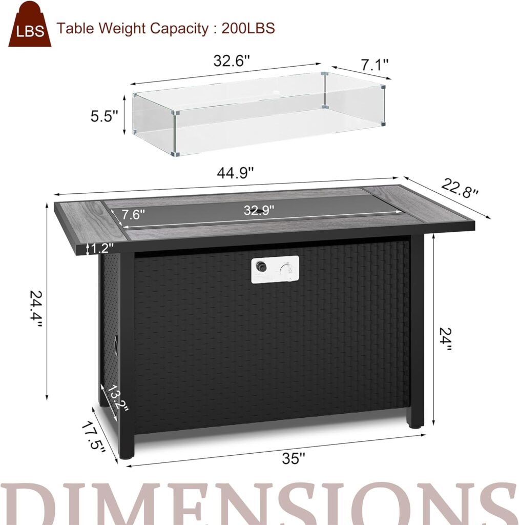 Vongrasig Propane Fire Table 45 Inch Outdoor Gas Fire Pit Table, 50,000 BTU Rectangle Fire Table with Steel Lid, Blue Fire Glass Wind Guard for Outside Patio Deck Garden Backyard (Grey Top)