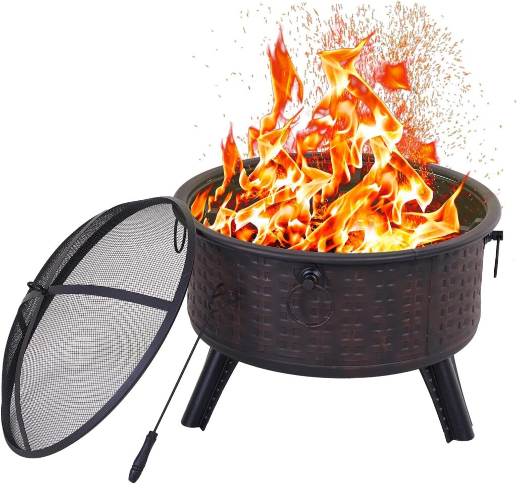 Wonder Comfort Fire Pit Set, Wood Burning FirePit with Screen, Cover and Log Poker for Outdoor and Patio, 26 inch Round Fire-Pit