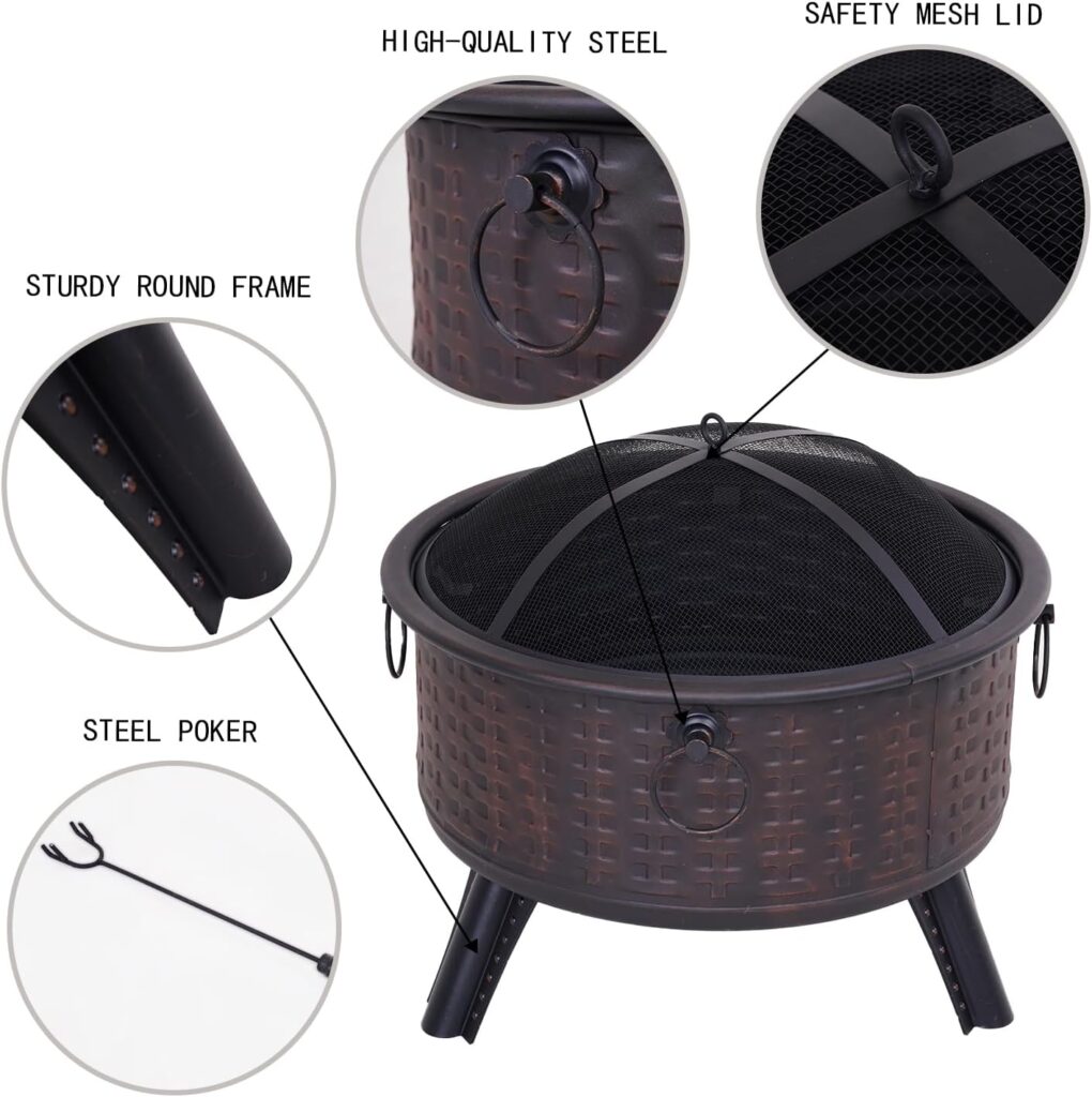 Wonder Comfort Fire Pit Set, Wood Burning FirePit with Screen, Cover and Log Poker for Outdoor and Patio, 26 inch Round Fire-Pit