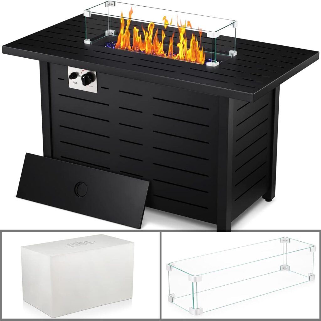 Xbeauty Fire Pit Propane Gas FirePit Table 43 Outdoor Fire Pit Rectangular Tabletop with Lid, Rain Cover, Tempered Glass Wind Guard for Outside Garden Backyard Deck Patio (Square)