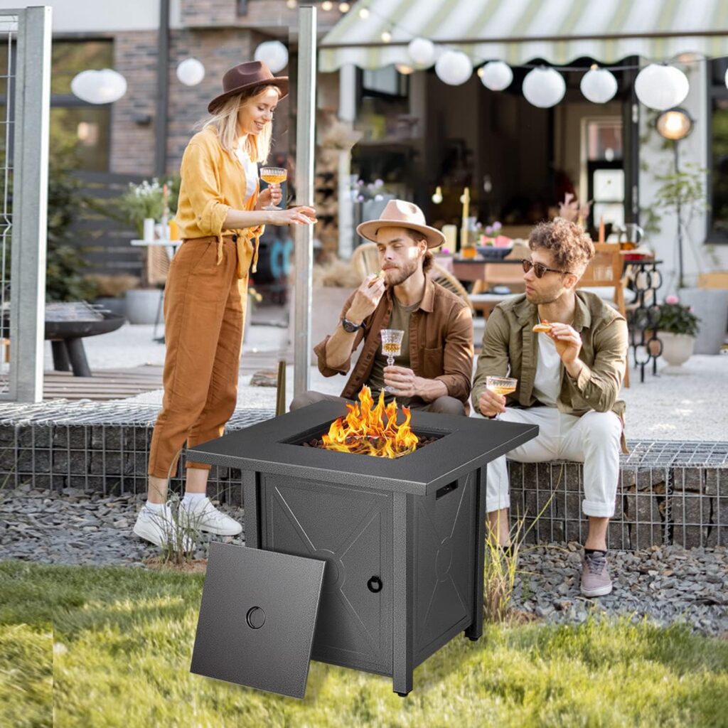 Xbeauty Fire Pit Propane Gas FirePit Table 43 Outdoor Fire Pit Rectangular Tabletop with Lid, Rain Cover, Tempered Glass Wind Guard for Outside Garden Backyard Deck Patio (Square)