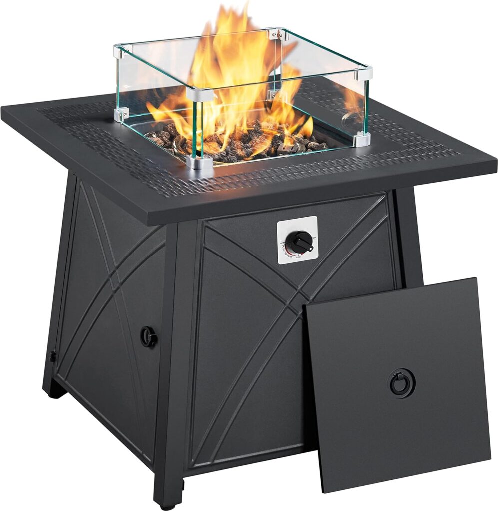 Yaheetech 28 in Outdoor Gas Fire Pit Table with Glass Wind Guard, Lava Rocks and Lid, 50,000 BTU Square Propane Fire Pit for Patio Party Garden Backyard Deck, Heavy Duty Gas Firepit, Black