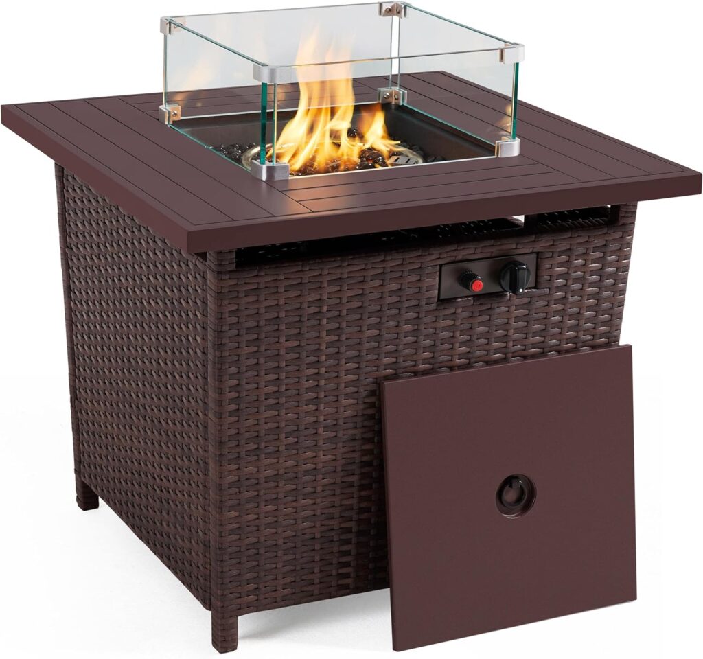 Yaheetech 28 inch 50,000 BTU Propane Gas Fire Pit Table with Glass Wind Guard, Weatherproof PE Rattan Frame and Rain Cover for Patio Heating Party, Outdoor Fire Table with Auto-Ignition, Brown