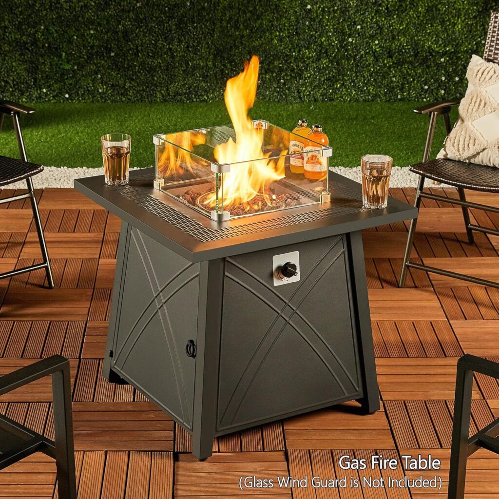 Yaheetech 28 Inch Gas Fire Pit Table with Lid and Iron Tabletop for Outdoor, 50,000 BTU Propane Fire Table with Lava Rocks, Heavy Duty 2 in 1 Square Firepit Table for Patio/Backyard/Party, Black