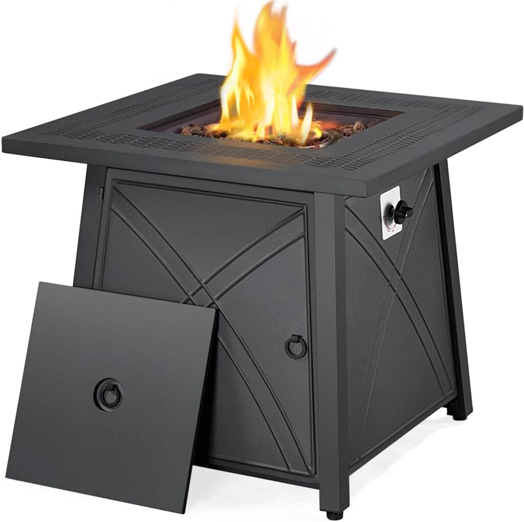 Yaheetech 28 Inch Gas Fire Pit Table with Lid and Iron Tabletop for Outdoor, 50,000 BTU Propane Fire Table with Lava Rocks, Heavy Duty 2 in 1 Square Firepit Table for Patio/Backyard/Party, Black