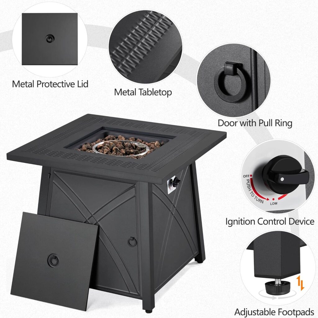 Yaheetech 28 Inch Gas Fire Pit Table with Lid and Iron Tabletop for Outdoor, 50,000 BTU Propane Fire Table with Lava Rocks, Heavy Duty 2 in 1 Square Firepit Table for Patio/Backyard/Party, Black