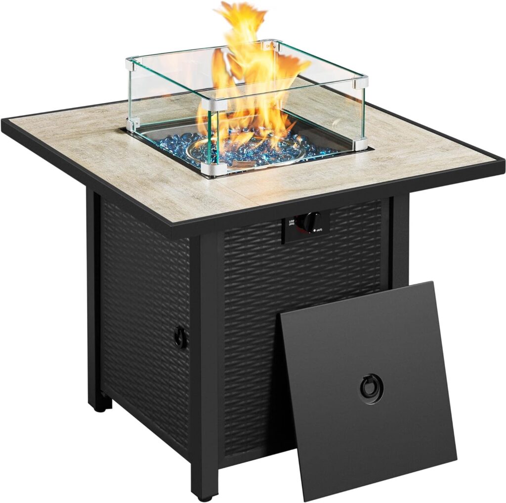 Yaheetech 30 inch Outdoor Propane Fire Pit Table with Glass Wind Guard and Ceramic Tabletop, 50,000 BTU Gas Fire Pit for Garden/Patio/Courtyard/Poolside, Gas Firepit w/Blue Fire Glass, Black