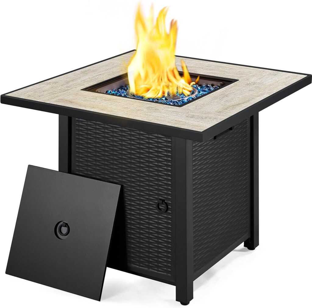 Yaheetech 30 Propane Gas Fire Pit Table 50,000 BTU Square Gas Fire Table with Ceramic Tabletop and Blue Fire Glass for Outdoor /Patio with Rattan Pattern Steel Base/Lid, Black : Patio, Lawn Garden